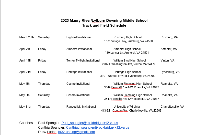 track and field schedule